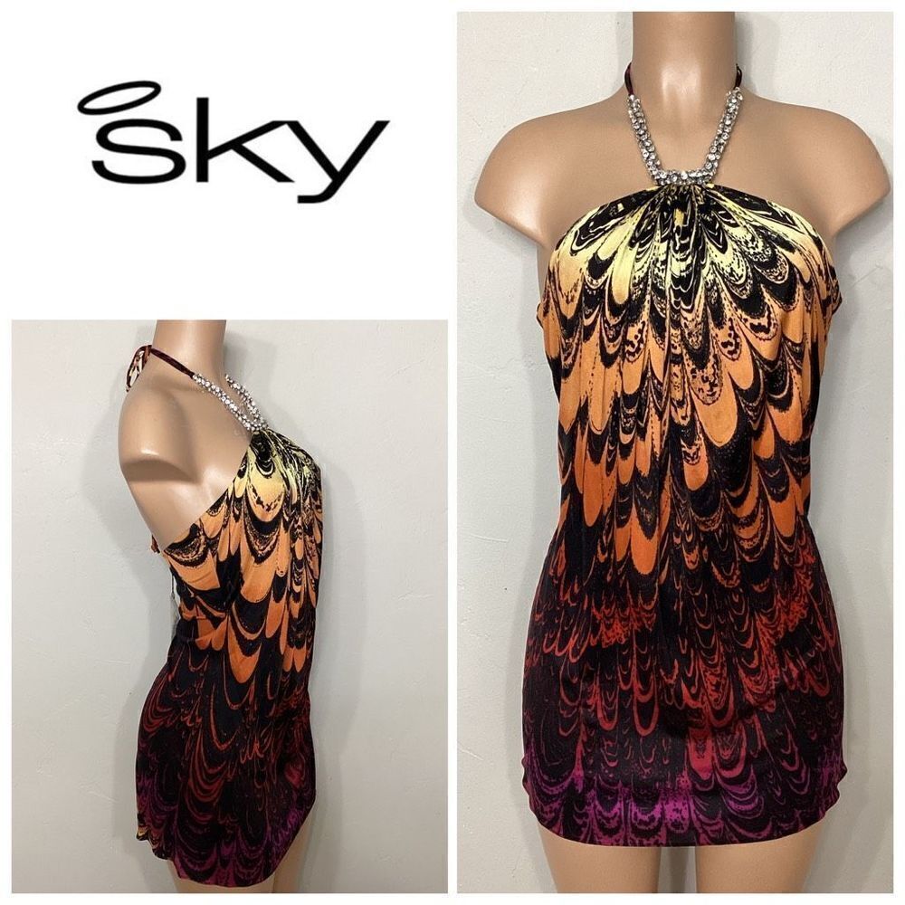 New. SKY multicolored silk mini dress with crystal rope at neck. Retails $249